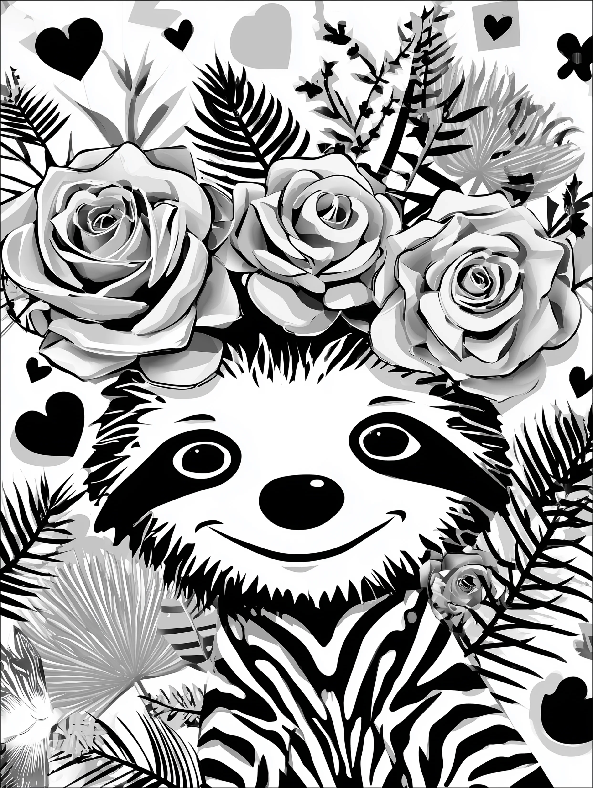 Free printable zoo coloring sheet featuring a forward facing sloth